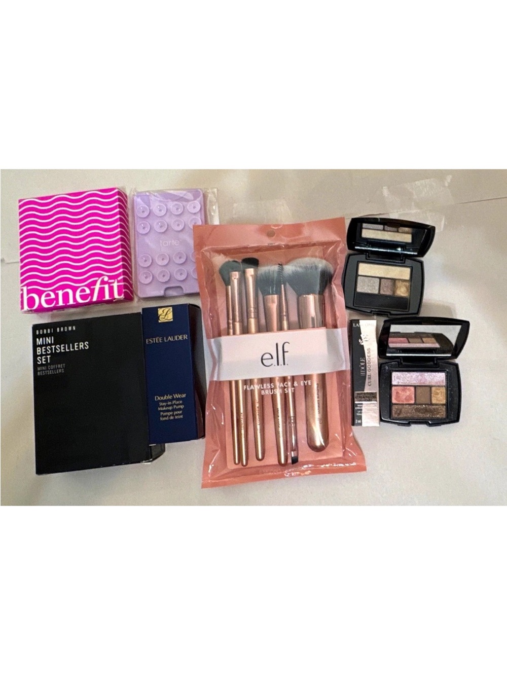 Assorted Makeup Lot Lancome Bobbi Brown Mini, e.l.f. Brush Set, Double Wear Pump